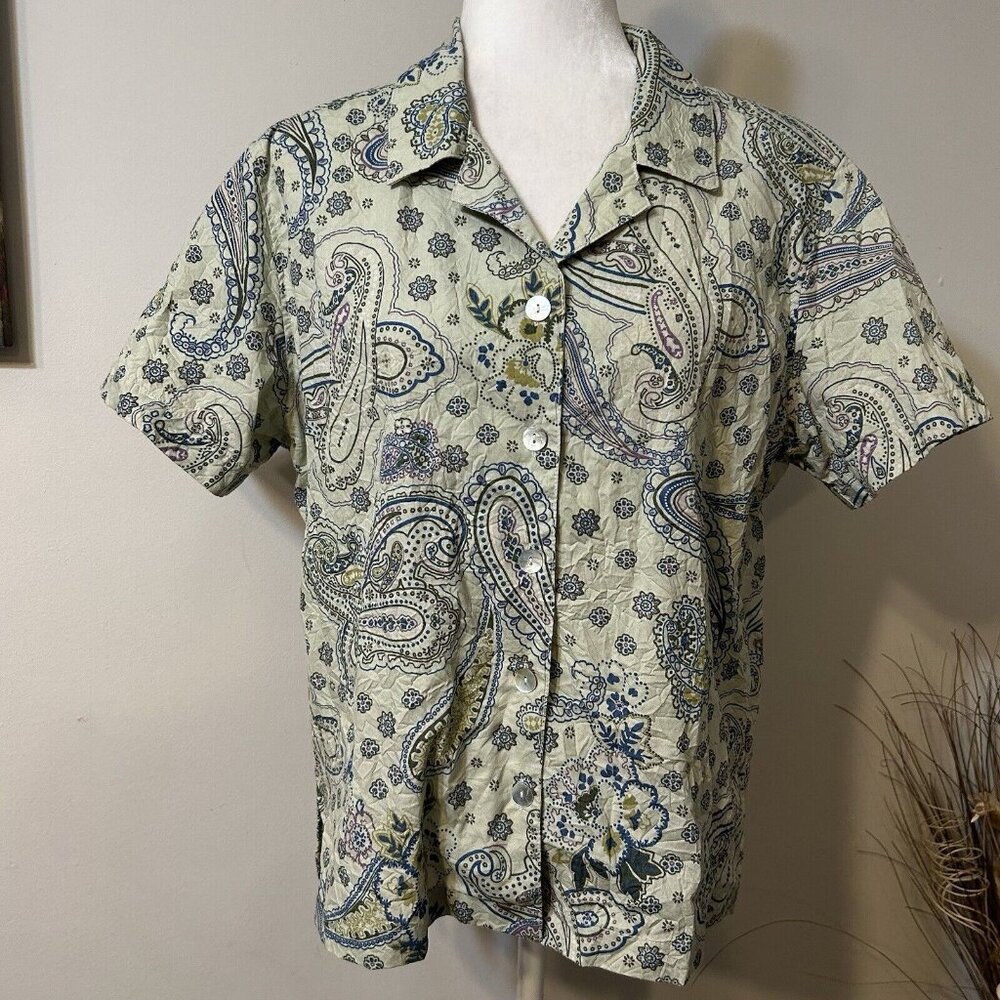Jamaica Bay Women Hawaiian Shirt Top Tropical  Beach Paisley Size L Green Blue